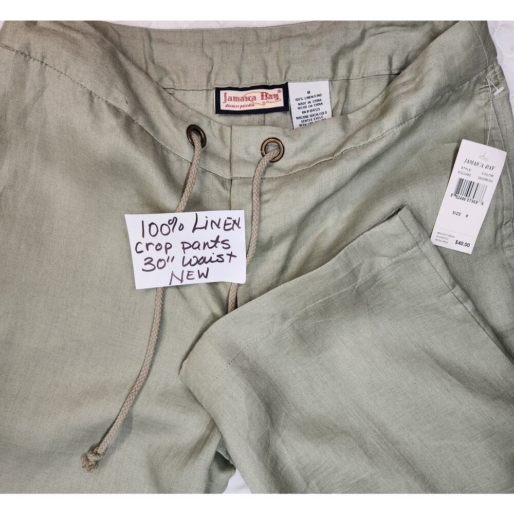 100% LINEN Capri Pants Green NEW Drawstring Cropped Wide Leg Lagenlook 8  29 30